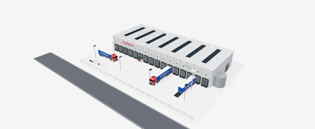 Zakład produkcyjny z rampami, ciężarówkami Regesty i naczepą standby